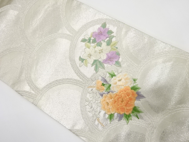 青海波に草花模様　刺繍　名古屋帯